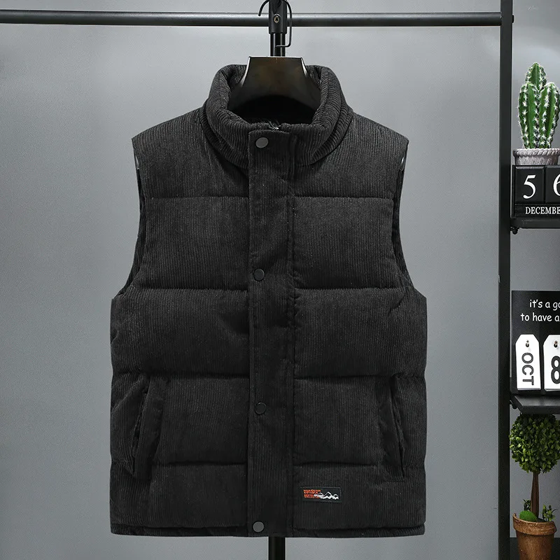

New Vest Jacket Men's Autumn Winter Warm Sleeveless Coat Stand Collar Padded Waistcoat Corduroy Work Wear Male Clothes2025
