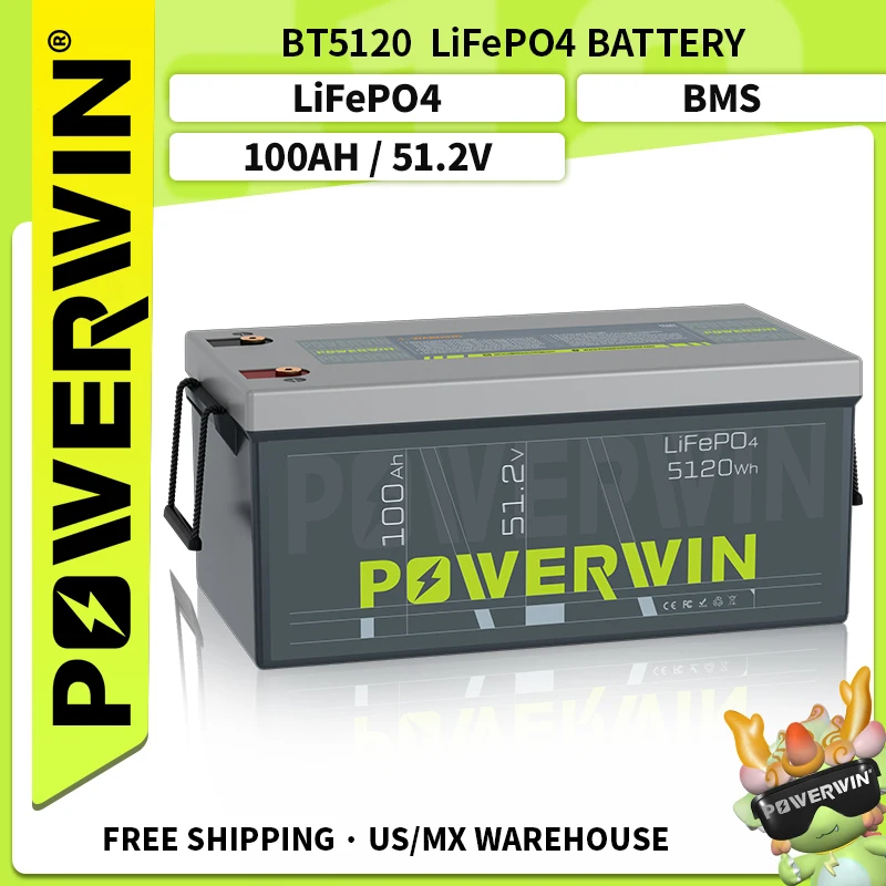 POWERWIN BT5120 51.2V 100Ah 5120Wh LiFePO4 Built-in BMS Deep Cycles Solar Rechargeable Durable Solar Generator