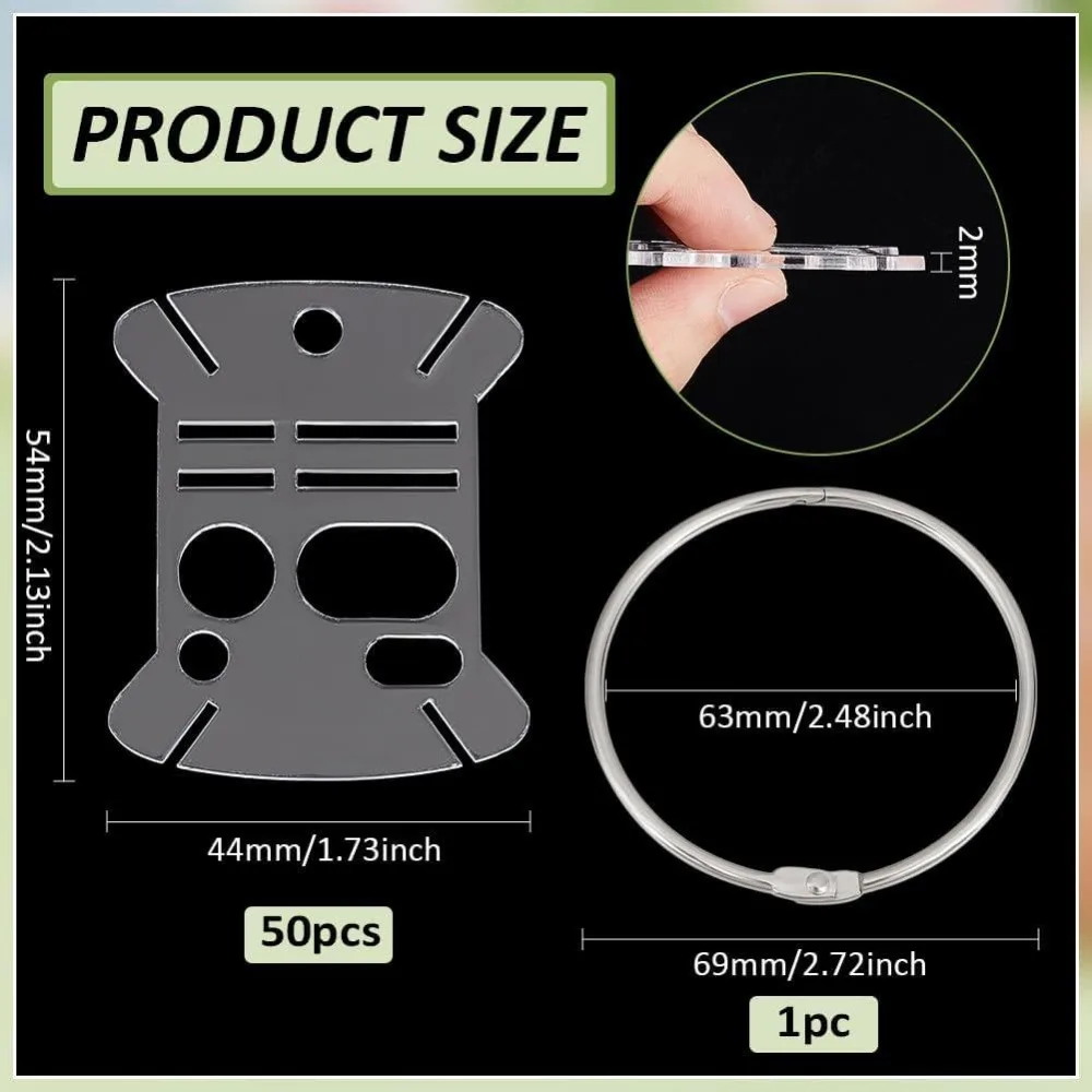 50 Pcs Floss Drops Rectangle Acrylic Embroidery Floss Bobbins with 1 Pcs Iron Hanging Ring Sewing Thread Winding Boards