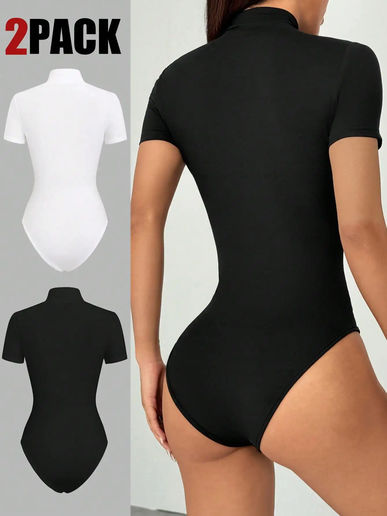 BWQ Body de manga corta con cuello con cremallera en blanco y negro de 2 piezas, tela suave de alta elasticidad, diseño minimalista de moda
