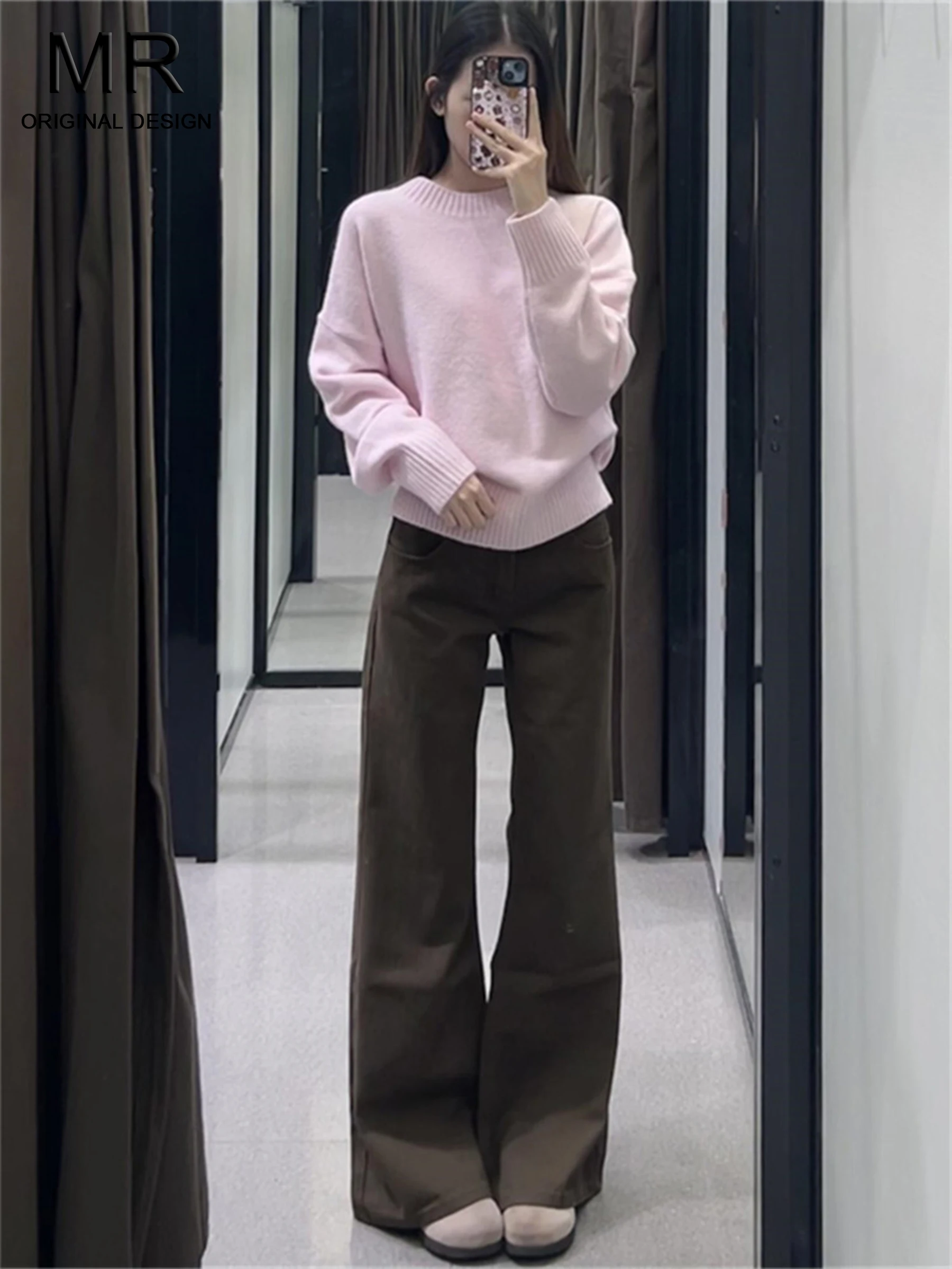 

Low Waist Bell Bottom Denim Jeans Women's Brown Coffee Color American Style Loose Slimming Flared Pants Casual Wear