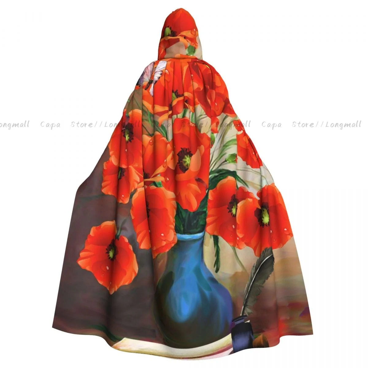 Adult Halloween Poppies Vase Art Cloak Cape Hooded Medieval Costume Full Length Dress Coat