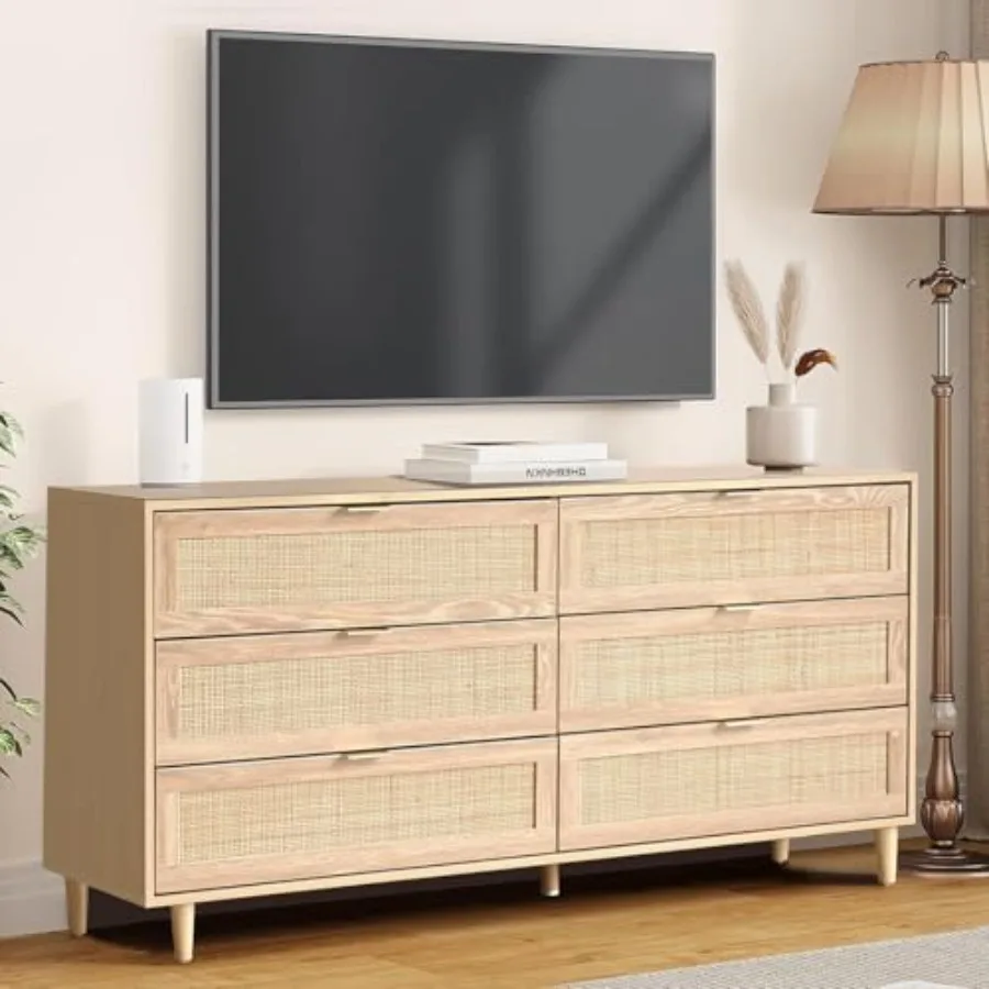 

Подставка под телевизор из ротанга для спальни с 6 ящиками, длинный медиаконсольный столик длиной 59,06 дюйма, натуральный с черными ручками для телевизора 65 дюймов.