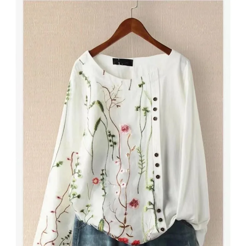 Women Shirt Loose Cotton Linen Pullover Single Breasted Embroidered Round Neck Top All Seasons Middle Eastern Casual Top