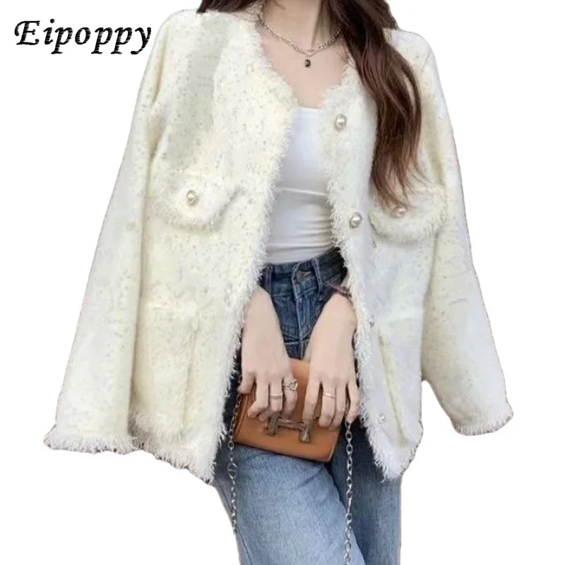 เสื้อคาร์ดิแกนถักสั้นสำหรับผู้หญิงเสื้อสเวตเตอร์ขนาดเล็กสไตล์ฝรั่งเศสฤดูใบไม้ร่วง