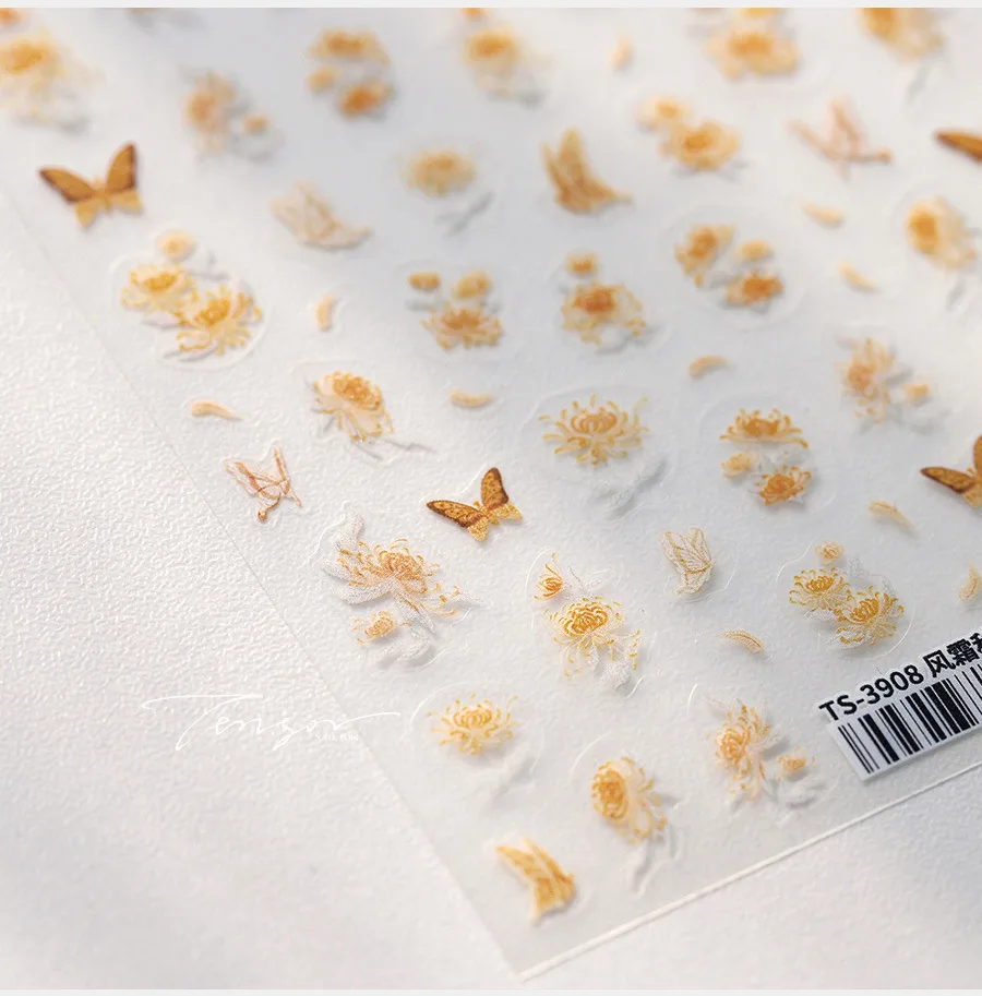 Autocollant 5D pour Nail Art, fleur d'osmanthus, chrysanthème, papillon, personnage chinois, Vase en Relief, adhésif pour manucure, automne jaune