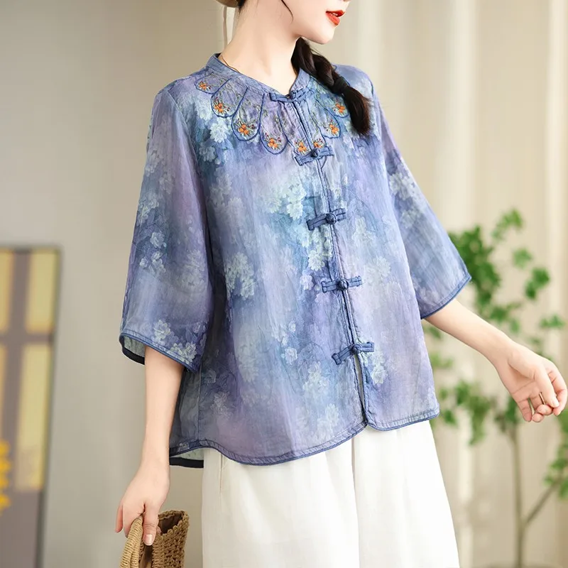 Chinese Style Vintage Print Casual Shirt Women New 2024 Half High Collar Embroidery Loose Female Half Sleeve Tops Shirts B3821