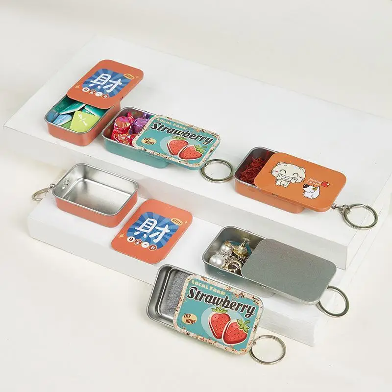 Push-Pull Slide Lid Tin Container Rectangular Metal Storage Box with Keychain for Earbuds Tiny Parts Outdoor Daily Use