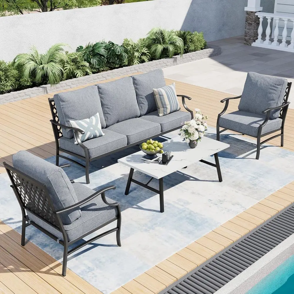 

4-Piece Outdoor Patio Furniture Set: 3-Seater Sofa, 2 Armchairs, Coffee Table with 5.75 Thick Cushions, Gray