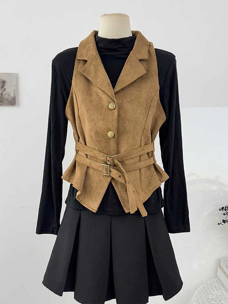 

Весенне-осенний корейский модный замшевый жилет, женская новая коллекция, однобортный жилет с поясным ремнем для похудения, топ C342