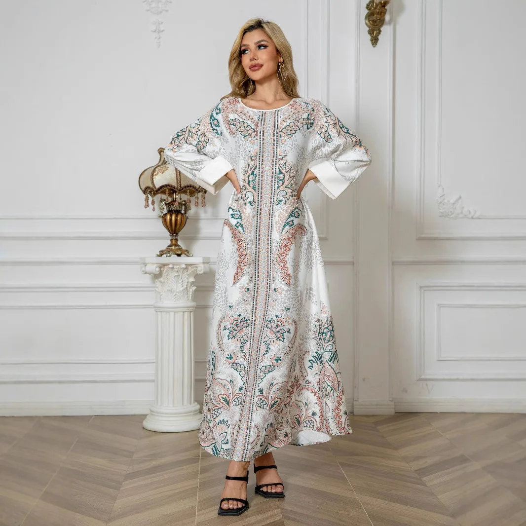 Muslim Abaya for Women Party Print Dresses Jalabiya Pearls Ramadan Eid Dubai Abayas Islam Vestidos Arab Long Robe Morocco Kaftan