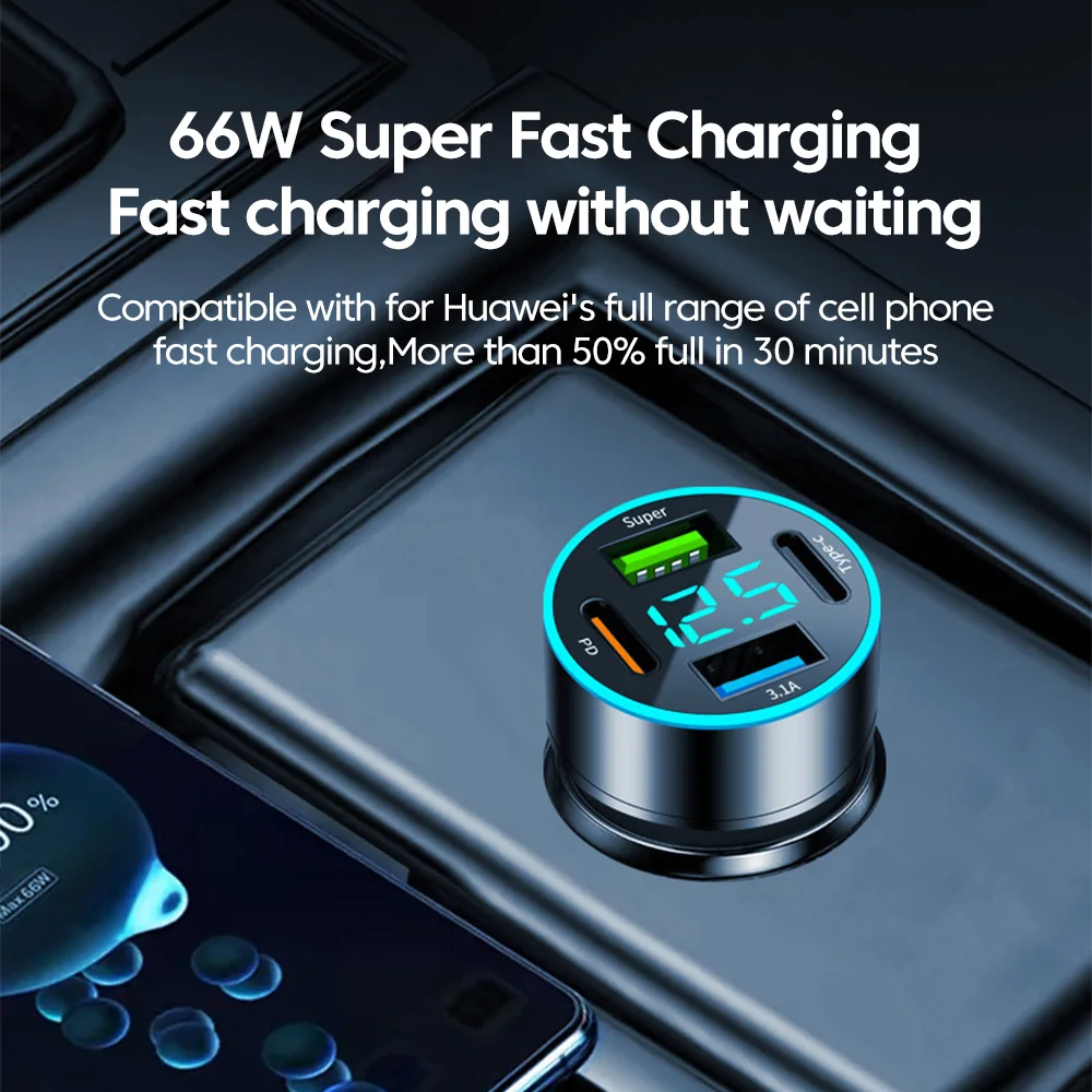 4 Ports 66W Car Charger Digital Display PD QC3.0 Car Phone Charger USB Type C Adapter in Car For iphone 15 14 13 Samsung Xiaomi