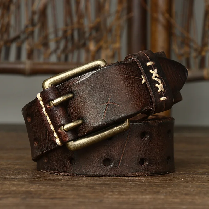 

Retro Trendy Personality INS Double-Prong Leather Belt Men’s Genuine Leather Jeans Belt
