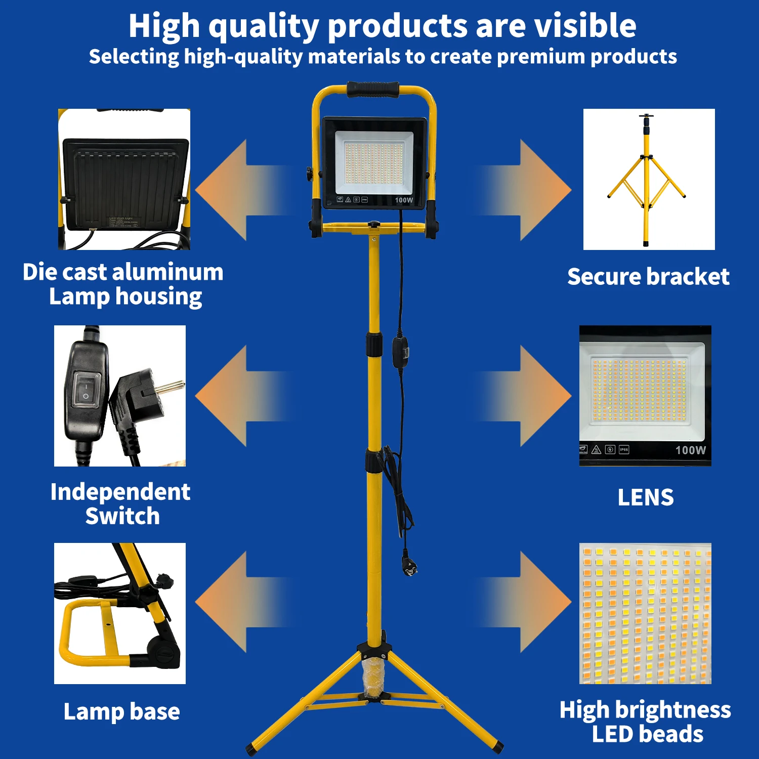 أضواء العمل مع حامل، ضوء العمل LED عالي السطوع، مصباح مقاوم للماء مع مفتاح فردي، حامل ثلاثي معدني قابل للتعديل