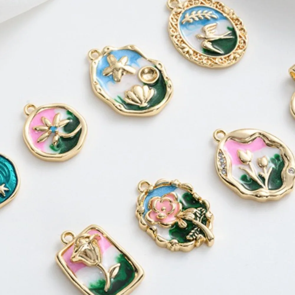 

1Pcs Copper Charms 14K Gold Color Hand Painted Oil Painting Wind Rose Brand Pendant DIY Handmade Necklace Jewelry Accessories