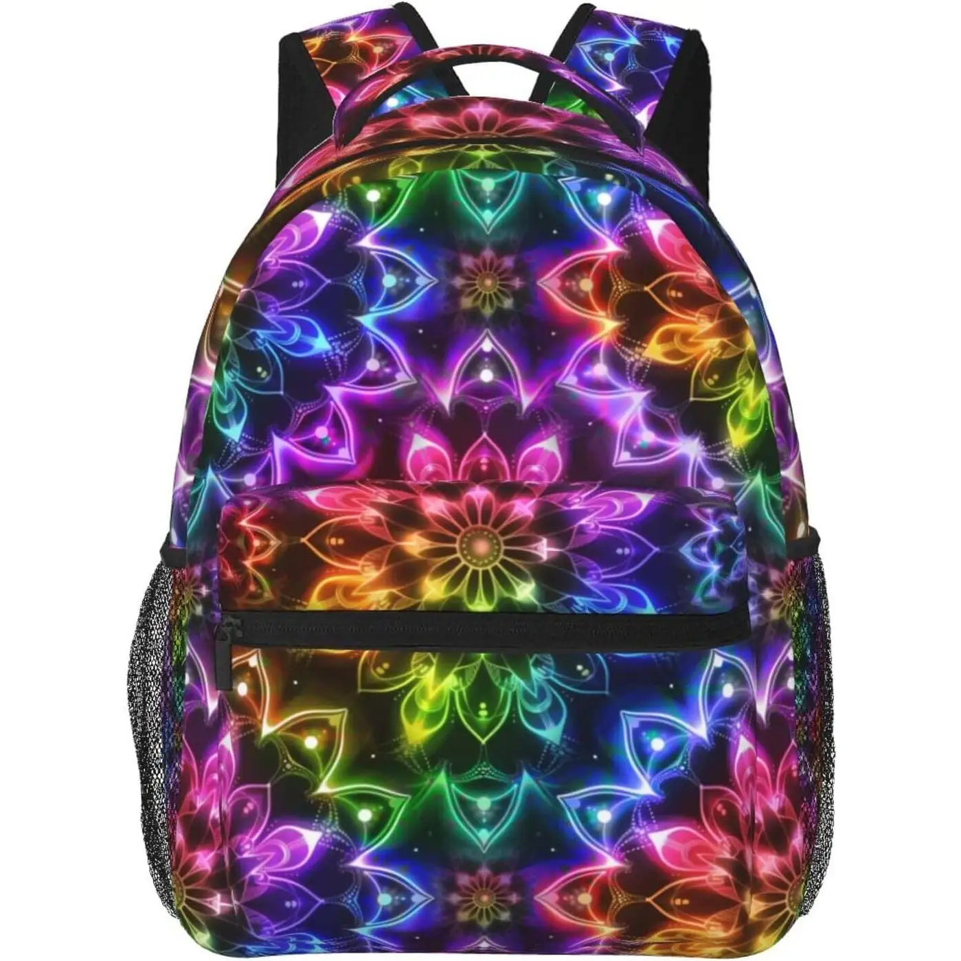 Kaleidoscope Mandala Neon Rain Backpack for Men Women Adjustable Laptop Backpacks Shoulder Bag for Travel Hiking Outdoor