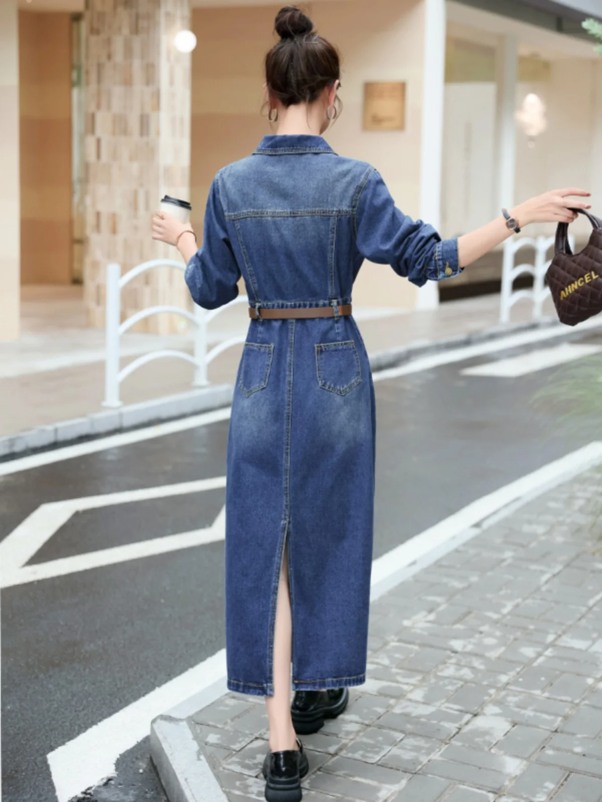 Ele Long Sve Denim Dr Women's Autumn New Sle Retro Unique Waist-Cinching A-Line Skirt Korean Sle  Collar