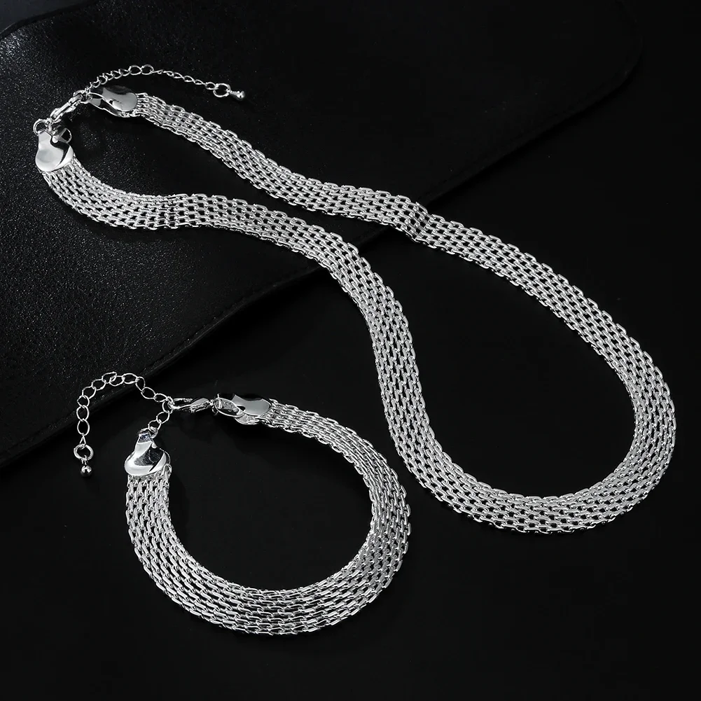 925 Silver Plated Net Chain Bracelet Necklace Set For Women Lady Fashion Party Wedding  Jewelry Sets