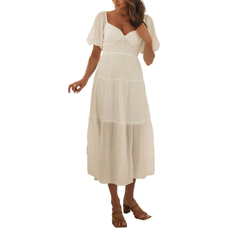 Vestido Midi com laço nas costas feminino, monocromático, manga folhada curta, corte baixo, gola V, vestidos em camadas floridos, roupas de praia casuais, branco, verão