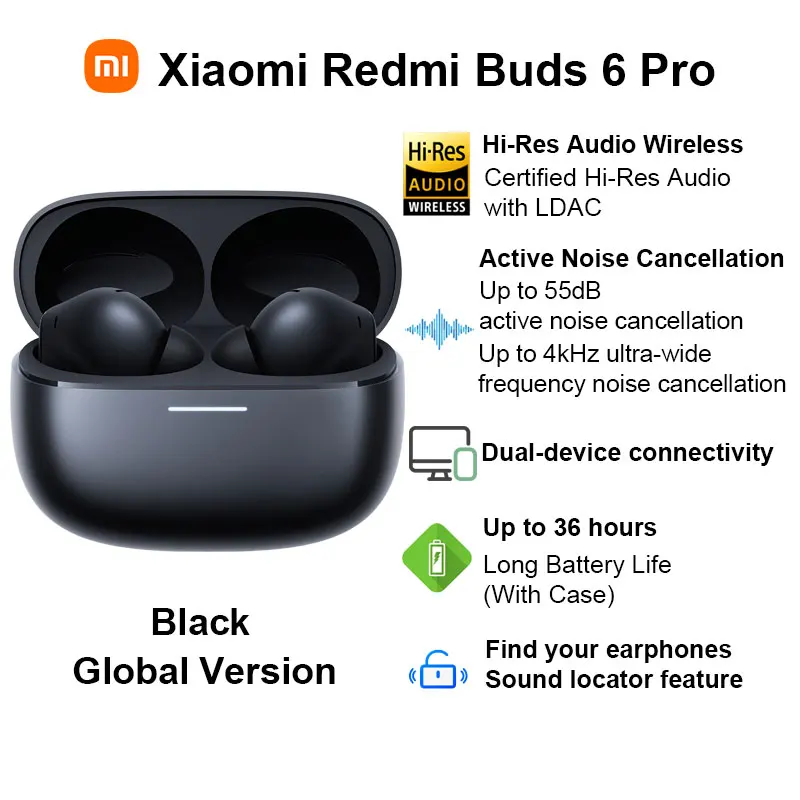Xiaomi Redmi Buds 6 Pro draadloze Bluetooth-oortelefoon, hi-res audio met LDAC, tot 55 dB actieve ruisonderdrukkende draadloze oortelefoon