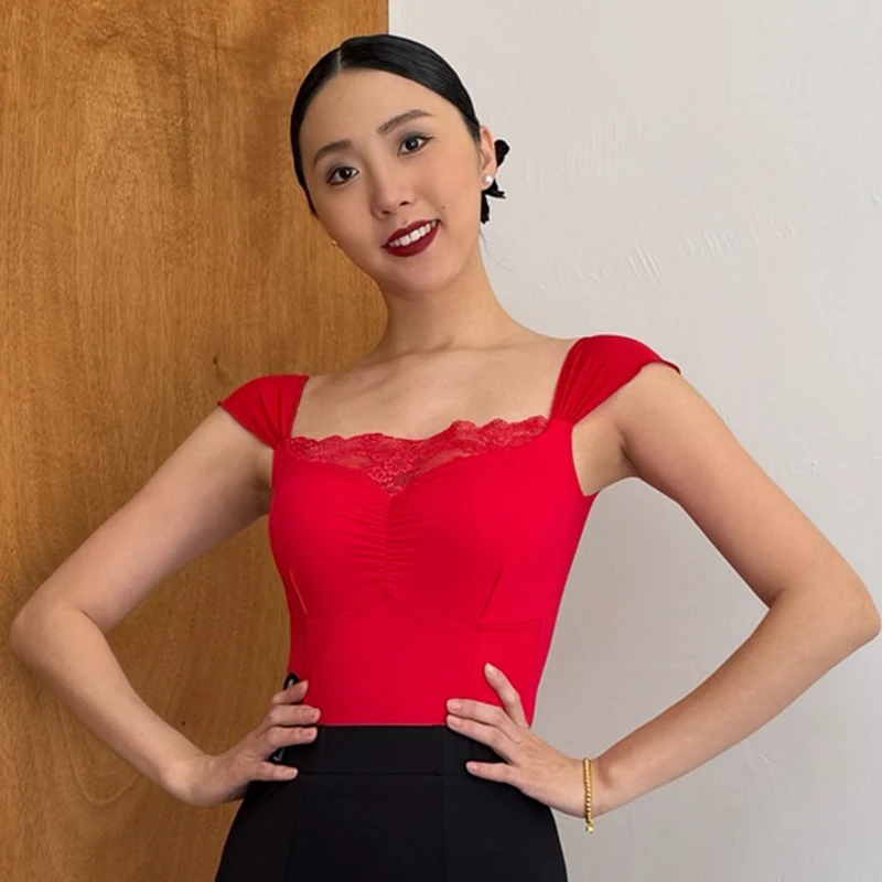 ฤดูร้อน Latin Dance Tops ผู้หญิงห้องบอลรูมเต้นรําการฝึกอบรมเสื้อผ้าสีแดงสีดําสีขาวลูกไม้ Onesie Rumba Salsa Dance L15973
