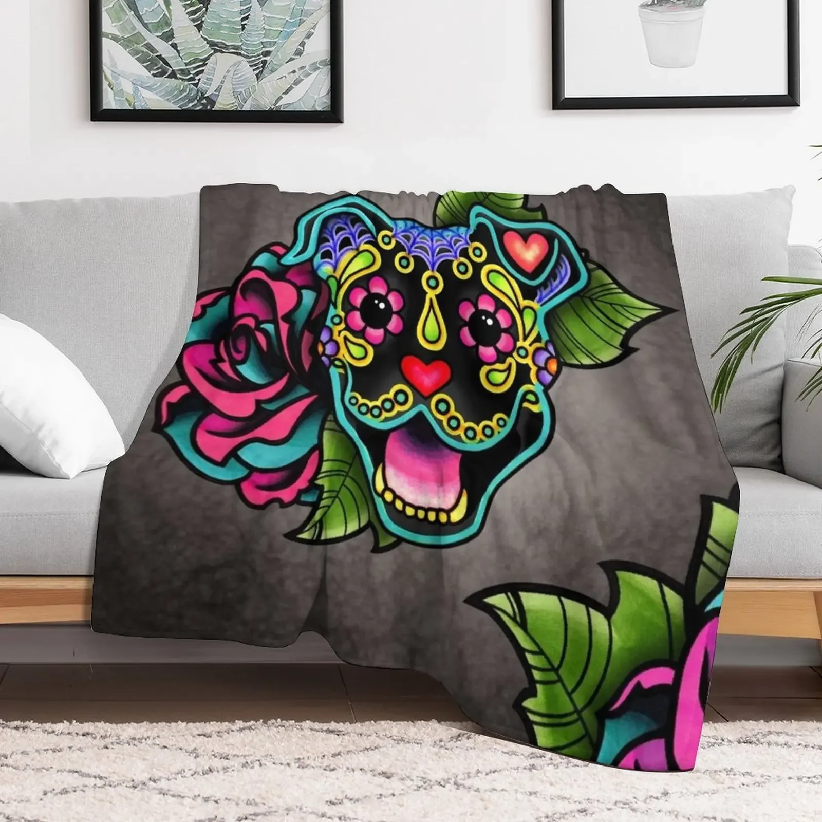 Smiling Pit Bull in Black - Day of the Dead Happy Pitbull - Sugar Skull Dog Throw Blanket