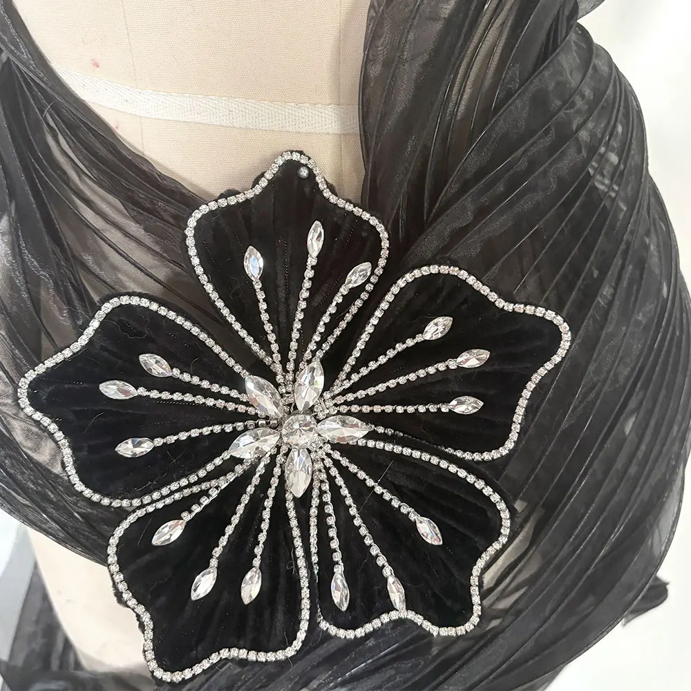 Black 3D Flower Applique, Sparkly Rhinestone Beaded Floral Patch, Embellishment for Dress Costume DIY Sewing Decor Accessory