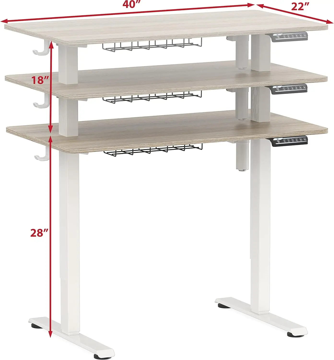 Kleiner elektrischer höhen verstellbarer Sitz-Steh-Schreibtisch mit Auf hänge haken und Kabel management, 40x22 Zoll, weißer Rahmen und Ahorn platte