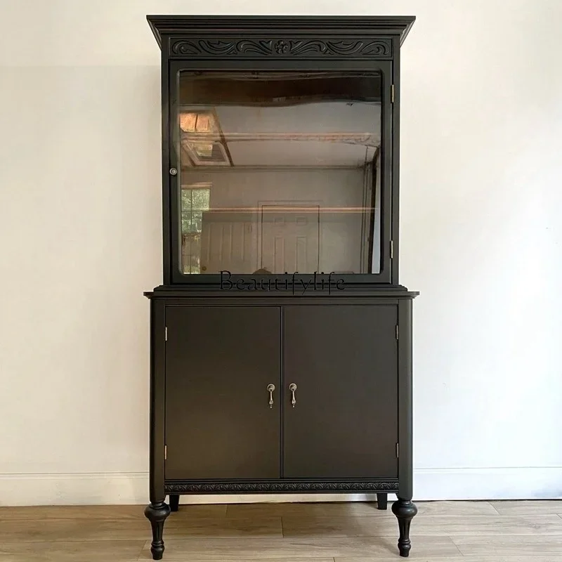 

z.French Retro Solid Wood Wine Cabinet Against the Wall Black Retro Simple Sideboard Cabinet Integrated Against the Wall