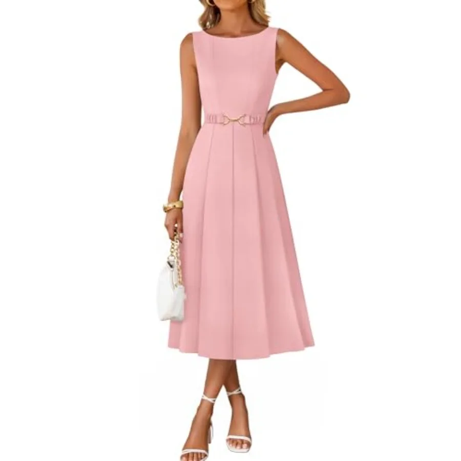 

ZESICA Women Summer Sleeveless Midi Dresses 2026 Elegant Boat Neck A Line Tie Waist Spring Cocktail Party Dress