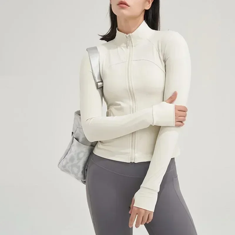 Lemon-Veste de sport à manches longues et col haut pour femme, manteau de yoga, haut de fitness, poches latérales, fermeture éclair complète, entraînement sportif