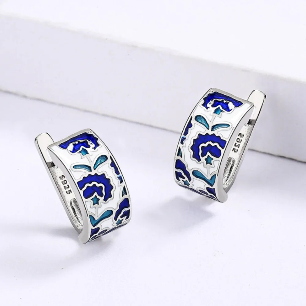 Brass Classic Earrings Retro Blue Accessories Flower Shape Earrings Enamel Earrings