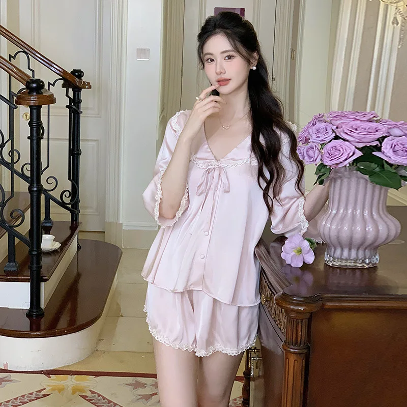 Summer Short Sleeves Ice Silk Sleepwear Sweet Pink Doll Collar Short Two-Pieces Pajamas Loose Design Cardigan Loungewear PYJS