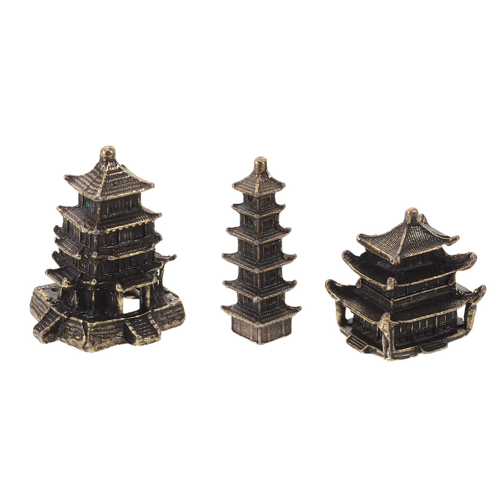 3pcs Brass Feng Shui Pagoda Miniature Temple Statue Oriental Tower Model Antique for Meditation Altar Decor Bookshelf Display