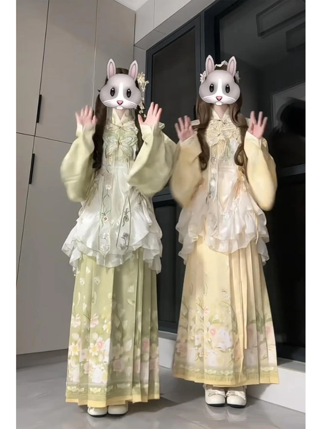 Yellow Green Rabbit Embroidered Hanfu Women's Skirt Tunic Top Set Spring Lolita Style Floral Patterned Traditional Chinese Cl...
