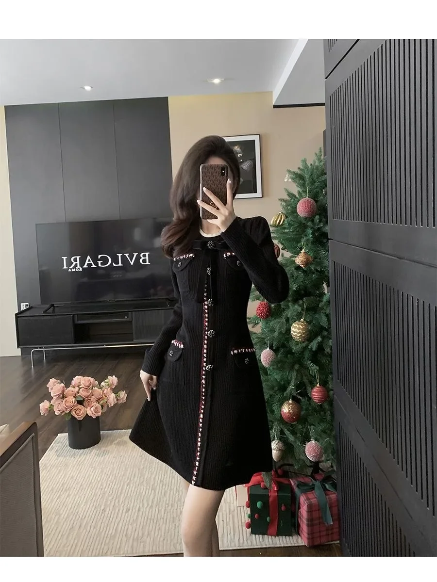 French style small fragrance high-end temperament autumn and winter bow new long sleeved knitted slim fit dress A-line skirt