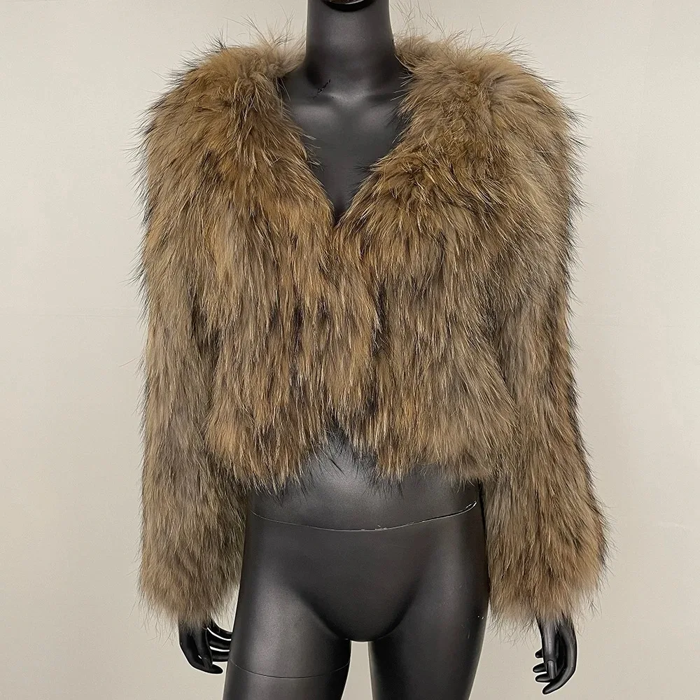 Chaqueta de piel de mapache Natural con cuello en V cálido 2025 Otoño Invierno nuevo abrigo de piel grueso de doble cara para mujer corta europea