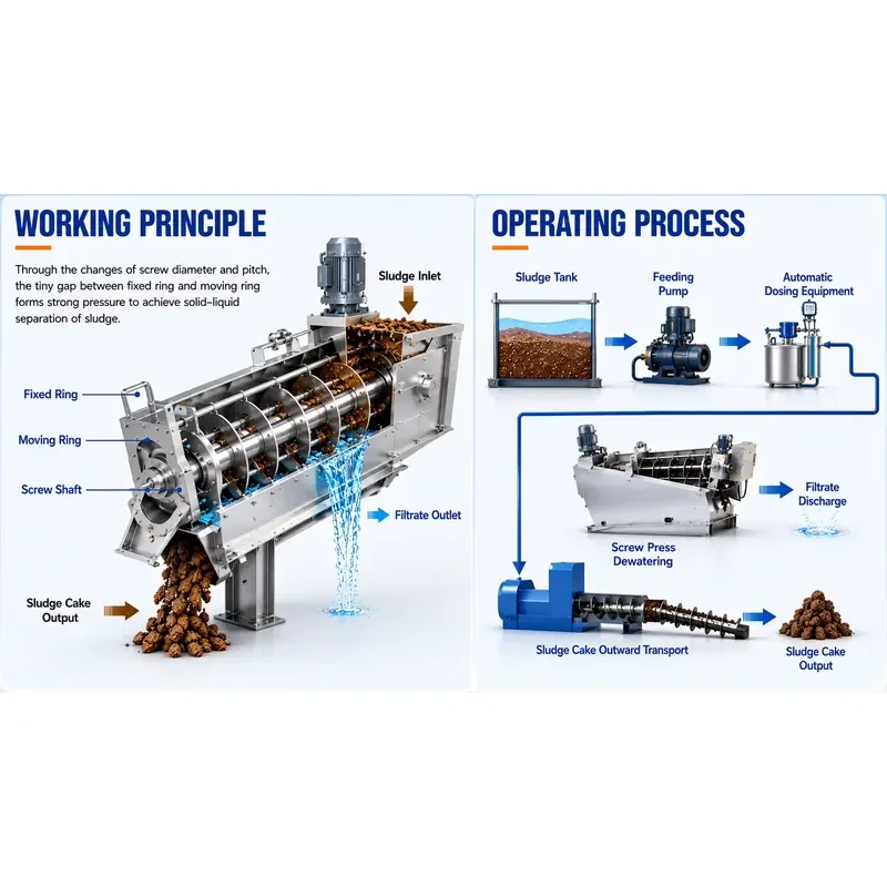 Waste Water Auger Screw Screen and Press Type Sludge Dehydrator Screw Press Sludge Dewatering Machine 0.5ttph