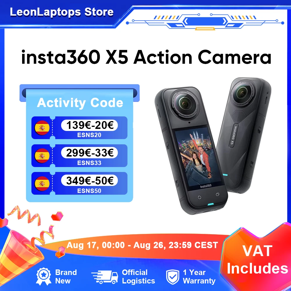 insta360 X5 8K Wodoodporna Kamera Akcji 360° z Zasięgiem 15 Metrów, Sensory 1/1.28\\\\\\\" 48MP, Wideo 8K 360° HDR, Chip AI 72MP 5nm, Czas Pracy Baterii 185 Minut
