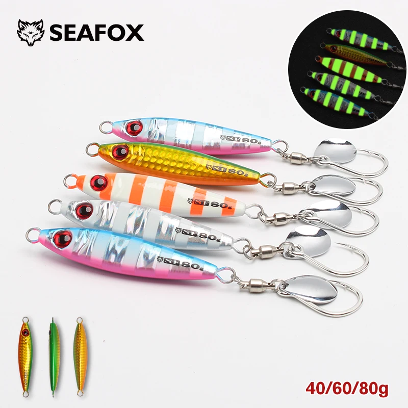 Seafox new style metal jigs 40g 60g 80g Luminous And Glow Slow Pitch Jigs 3d Eyes Metal Lure Jigging Lures With Assist Hooks