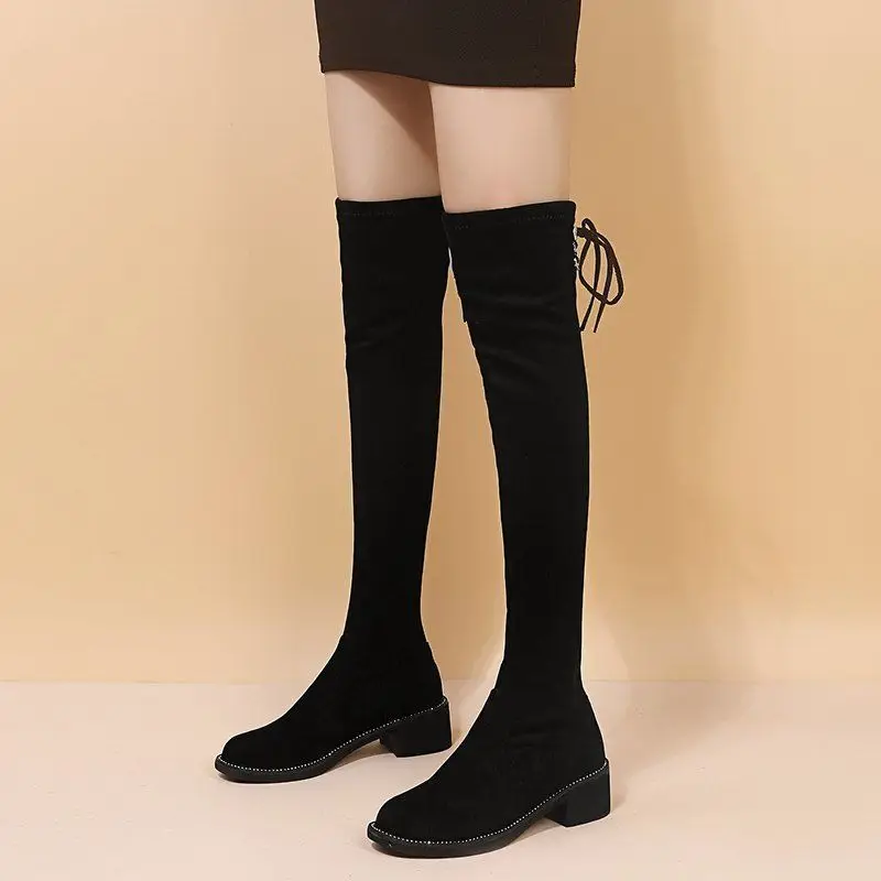 

2025 New Black Over The Knee Boots for Women Chunky Heel Winter Fleece Lined Stretchy Lace Up Slimming High Heel Boots