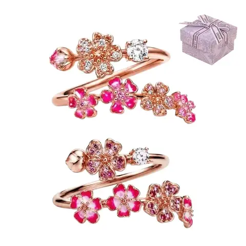 Adjustable Open Women Peach Blossom Ring Gemstone Embellished Rose Gold Plated Cherry Blossom Ring Crystal Accents Lightweight