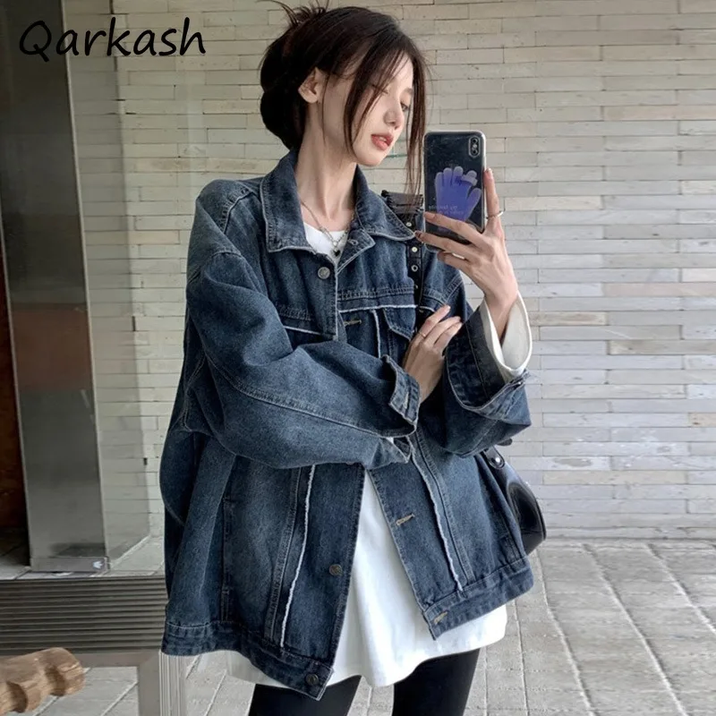 

Denim Jackets Women Autumn Winter Vintage Coats Korean Fashion Casual Cool Girls Personality Hipster Washed Loose Warm Simple