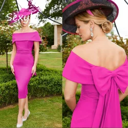 Elegant Hot Pink Mother Of The Bride Dress 2023 Off Shoulders Sheath Tea Length Wedding Guest Dresses Mom Evening Party Wear Bow