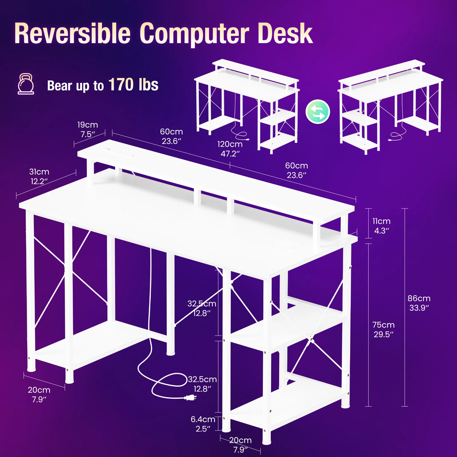 Mesa de Computador JHK de 48 Polegadas com Prateleiras, Gavetas de Armazenamento, Mesa de Escritório de Madeira com Luzes LED e Tomadas de Energia, Mesa para Jogos