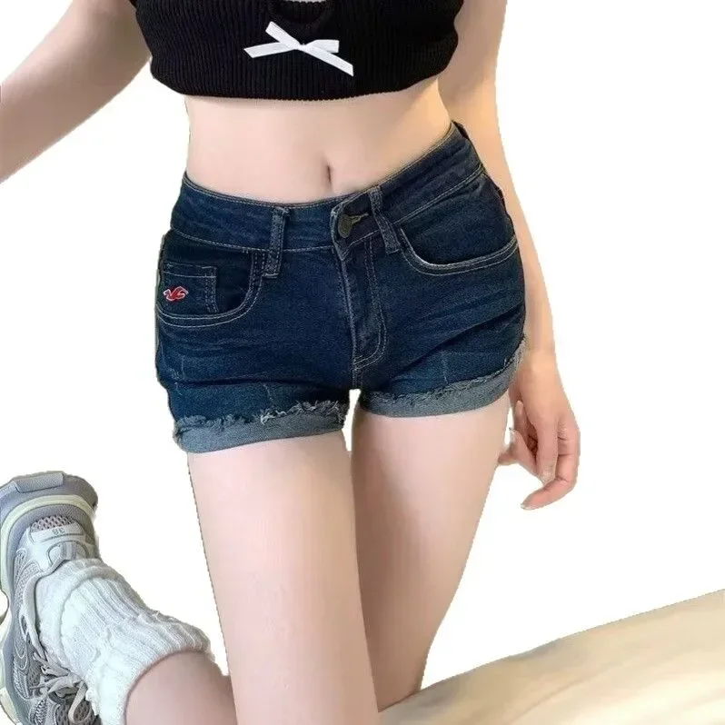 Pop Pop American Retro Cuffed Denim Super Shorts Women Summer Low Waist Slim Fit Pants Sexy Spicy Girl Wrap Around Hot Pants