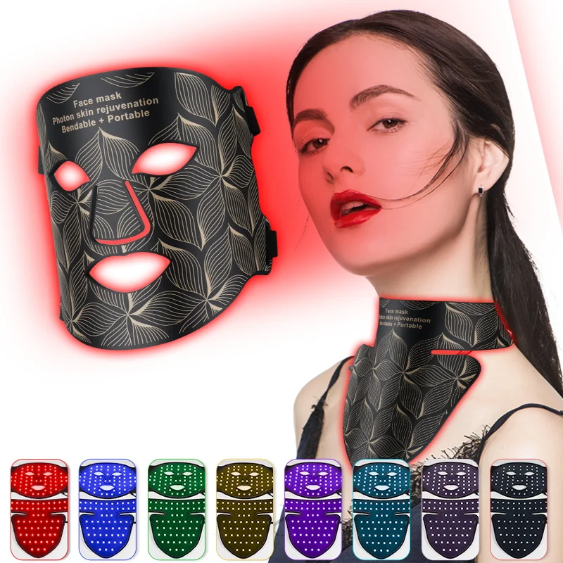 LED 8 Colors Face Mask with Neck Red Light Near Infrared Therapy Soft Silicone Mask Anti Aging Wrinkle Acne Pore Tighten Whiten