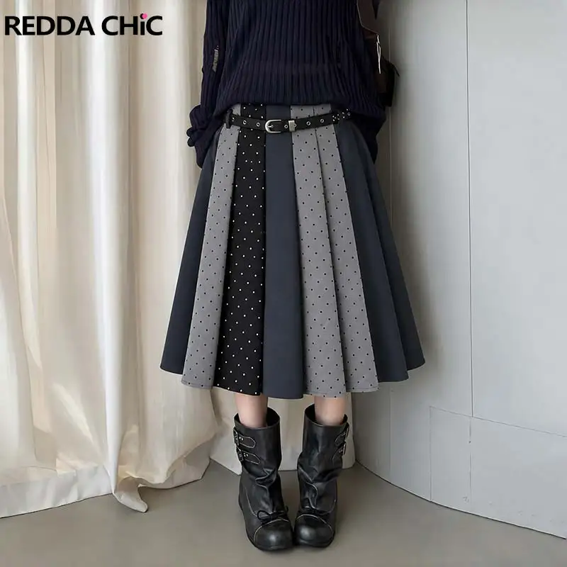 ReddaChic Color Block Polka Dots Skirt Women Fall Lounge Draped Low Rise A-line Midi Long Pleated Skirt Modern Vintage Bottoms