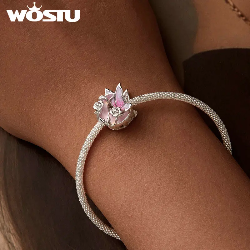 Wostu 925 prata esterlina rosa cristal borboleta charme coração rosa pingente lua contas caber pulseira original colar jóias diy