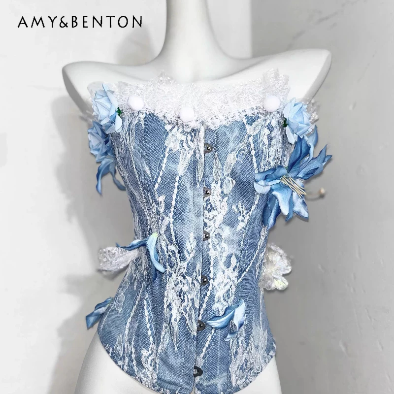 

Оригинальный дизайн, сексуальный женский бюстгальтер с кружевной вышивкой во французском стиле ретро, синий женский бюстгальтер с рыбьей косточкой, новинка 2025 года, милый крутой универсальный комплект с прозрачной юбкой, женский комплект